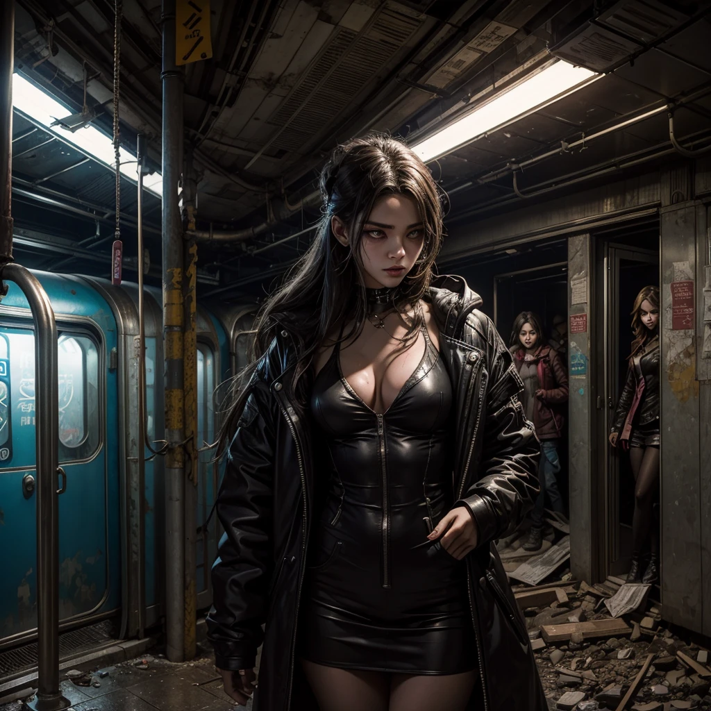 
a mysterious girl with a sinister appearance finds herself in a dilapidated subway station, behind her a subway train where male and female undead can be glimpsed from the windows