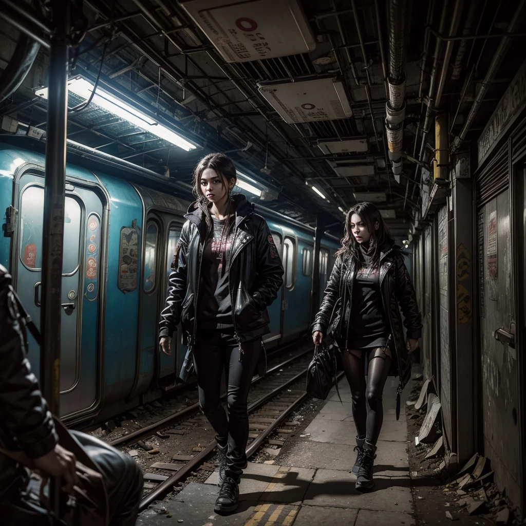 a mysterious girl with a sinister appearance finds herself in a dilapidated subway station, behind her a subway train where male and female undead can be glimpsed from the windows