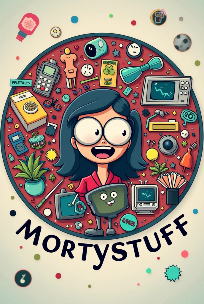 A profile picture with the name of MortyStuff in round shape and images of stuff all over