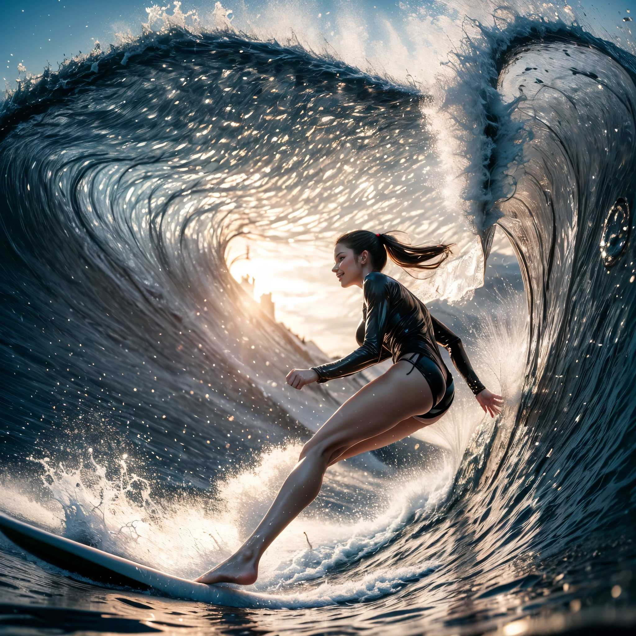 (Luminism:1.28), Side view, TopQuality 8K Masterpiece (ProfessionalPHOTO:1.37) (Extremely Detailed (Girl Riding on a Life Size surfboard)), Colorful morning Glory Rays, (There is Only one surfboard under her foot:1.32) Sparkling Water Splashing Water Particles, Glowing Wet Ponytail, Hourglass body type, Dynamic motion blur, {Perfect Hand|Perfect Limbs}, (Surfing Photos:1.4), (((nothing holding)empty handed fist))