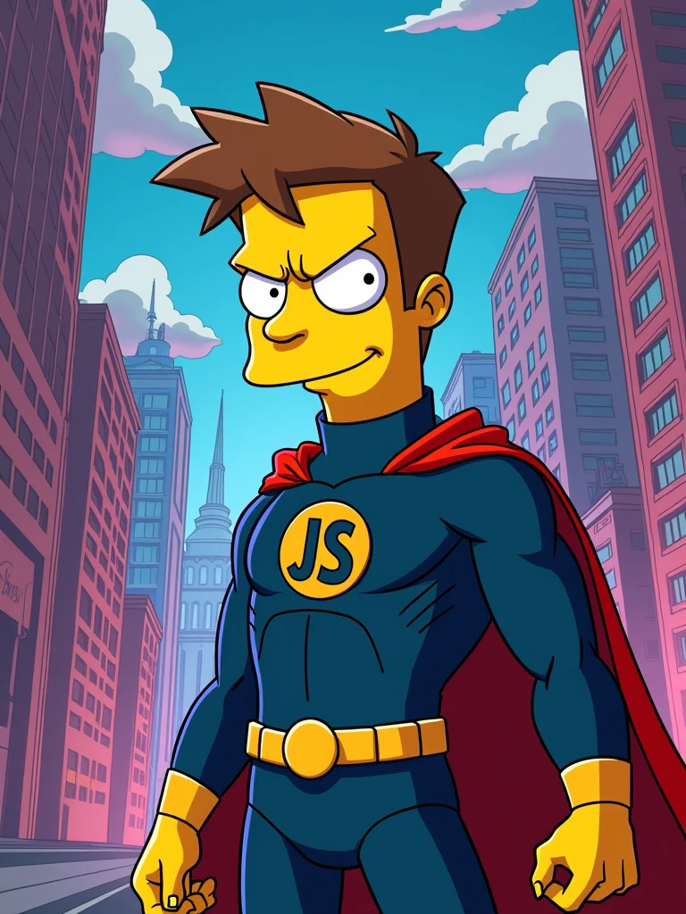 a javascript developer as super hero with letters "JS" on chest and yellow and blue colors in simpsons style