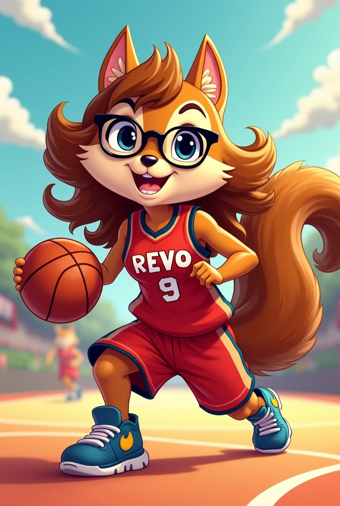 Cartoon squirrel GIRL long hair with glasses basketball jersey red number 9 REVO team