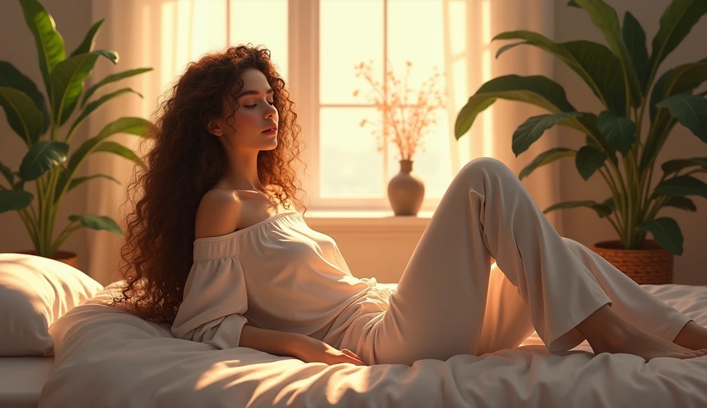 (photorealism:1.2), beautiful woman, sitting on bed, wearing loose off-shoulder top, pajama pants, long curly hair, indoors, soft lighting, plants in background, window with sunlight, cozy room, relaxed pose, realistic, intricate details, warm colors, by Greg Rutkowski, by Alphonse Mucha