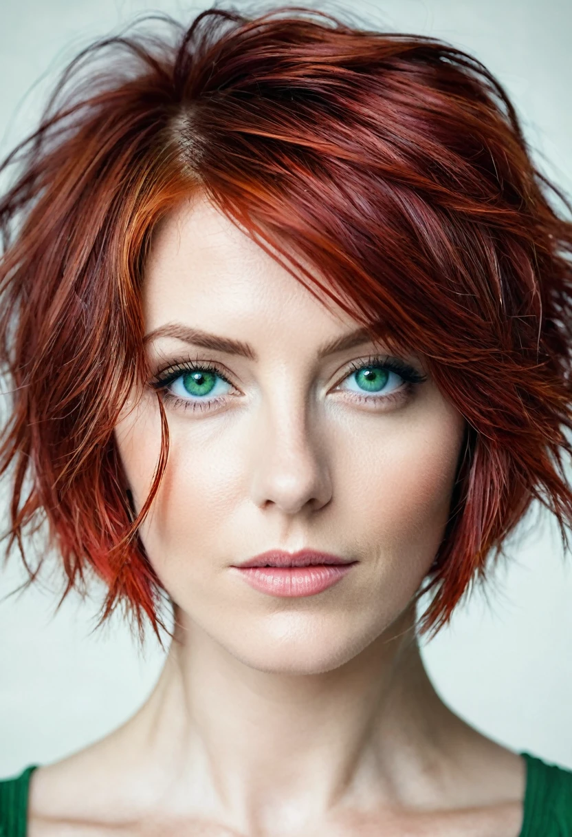 High key illustration portrait of a beautiful woman with short red asymmetrical hair and green-blue eyes --chaos 20 --ar 3:4 --stylize 500