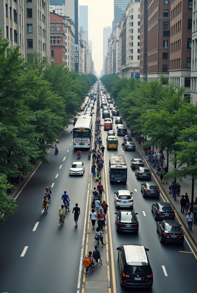 City seen from above with narrow sidewalks, with pedestrians and cyclists moving around. Large roads with cars, buses and motorcycles in traffic jam. Bus stop without cover and full of people.

