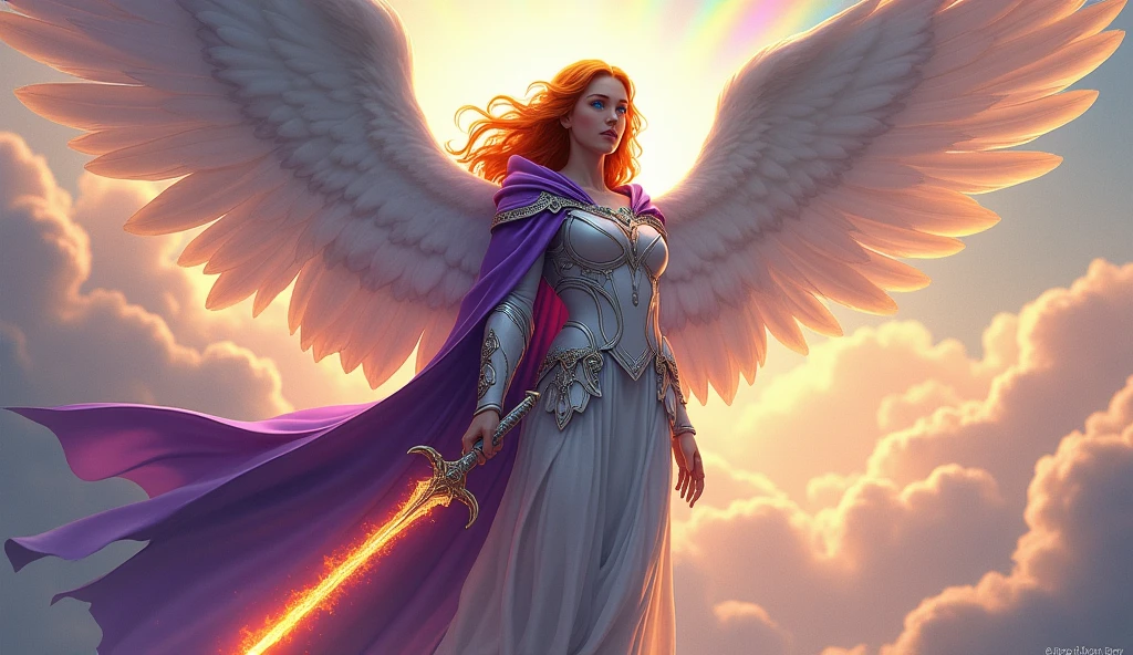 fantasy art, epic fantasy art,  a female angel standing guard in heaven, her wings spread wide, she holds a (fiery sword: 1.2), wearing intricate armor, white armor, she is wearing purple cloak, wearing high heeled boots, flowing cloak, most beautiful angel, (best detailed face: 1.5) orange hair, wavy hair, epic hair, blue eyes, ((glowing blue eyes: 1.3)),  heavenly clouds, rainbow background. divine rays, vibrant, Ultra-high resolution, High Contrast, (masterpiece:1.5), highest quality, Best aesthetics), best details, best quality, highres, ultra wide angle, 16k, [ultra detailed], masterpiece, best quality, (extremely detailed: 1.5),