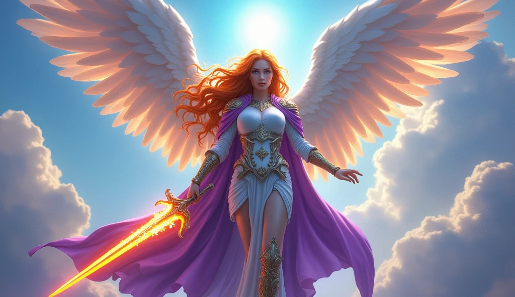 fantasy art, epic fantasy art,  a female angel standing guard in heaven, her wings spread wide, she holds a (fiery sword: 1.2), wearing intricate armor, white armor, she is wearing purple cloak, wearing high heeled boots, flowing cloak, most beautiful angel, (best detailed face: 1.5) orange hair, wavy hair, epic hair, blue eyes, ((glowing blue eyes: 1.3)),  heavenly clouds, rainbow background. divine rays, vibrant, Ultra-high resolution, High Contrast, (masterpiece:1.5), highest quality, Best aesthetics), best details, best quality, highres, ultra wide angle, 16k, [ultra detailed], masterpiece, best quality, (extremely detailed: 1.5),