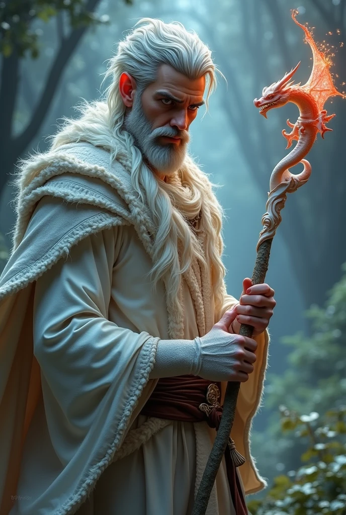 RPG, storm 20 , make a realistic wizard, handsome and young 25 years old, beardless and with short hair he has white scales with a reddish shine that are almost invisible. He is holding a white staff shaped like a tiny dragon..