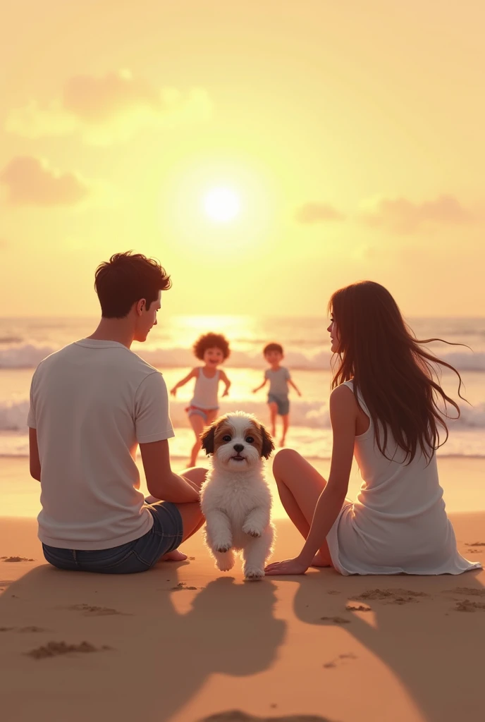 Create a light brown woman image, long straight brown hair, she is wearing jean shorts and a pink blouse, She has her back. One of three years, blond, curly and messy hair, wearing a blue shirt and white shorts. A chocolate colored labrador, adult size. Everyone is on the sand at the beach at sunset.