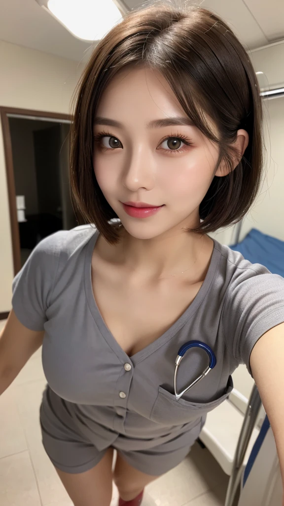 (masterpiece:1.3), (16k, photorealistic, RAW photo, best quality: 1.4),absurdres, attractive, ultra high resolution, ultra realistic, highly detailed, golden ratio, ultra detailed, super fucking beautiful detailed face, natural makeup, detailed cloth texture, detailed hair texture, beautiful detailed fullbody, Perfect female body, accurate, Anatomically correct, Highly detailed face and skin texture, (beautiful hands), (realistic skin), (beautiful pale skin:1.1), (Perfect dynamic composition, looking at viewer, full body shot),
BREAK,
realistic eyes, beautiful detailed eyes, symmetric eyes, Light Brown eyes, Double eyelids, Thin eyebrows, (Glossy lips:1.4), (Seductive expression:1.3), (beautiful smile:1.1), (blush:1.2),
BREAK,
((short hair, bob, Dark blonde hair, bangs:1.2)), (hospital room, nurse, nurse uniform:1.3)