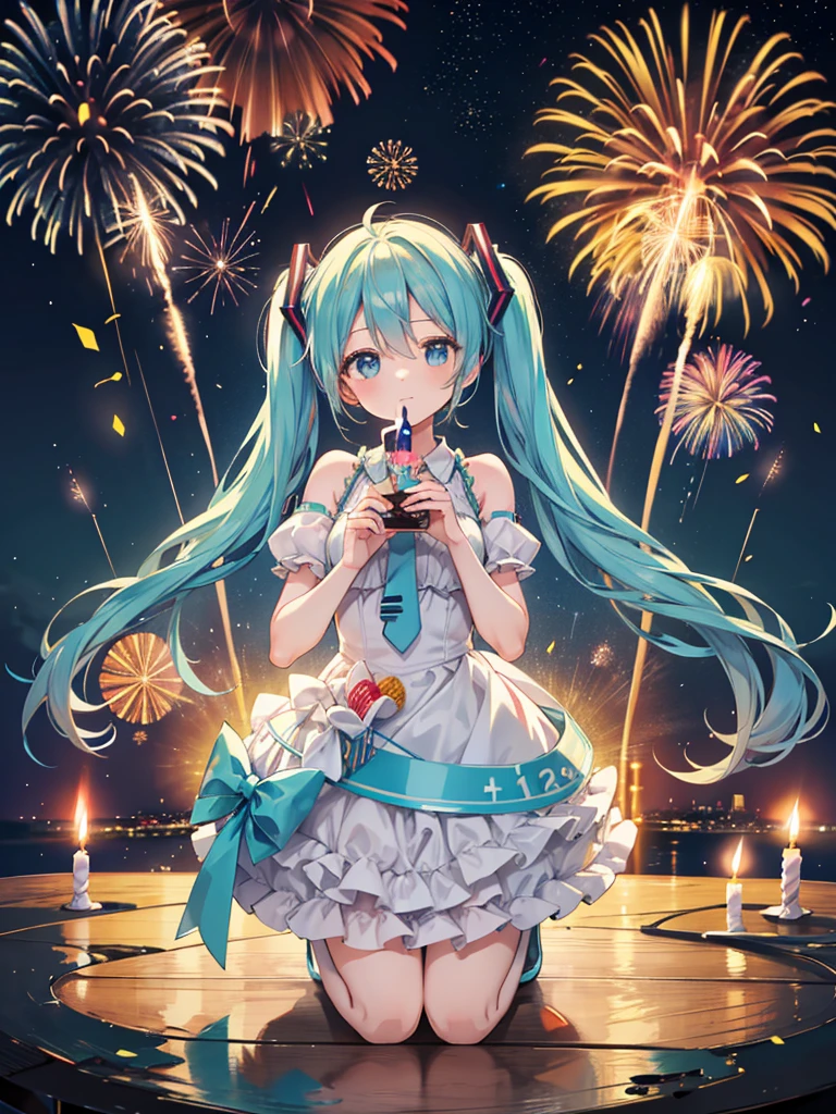 Hatsune Miku holding a birthday cake with a candle with the number 7 on it. Fireworks in the background.