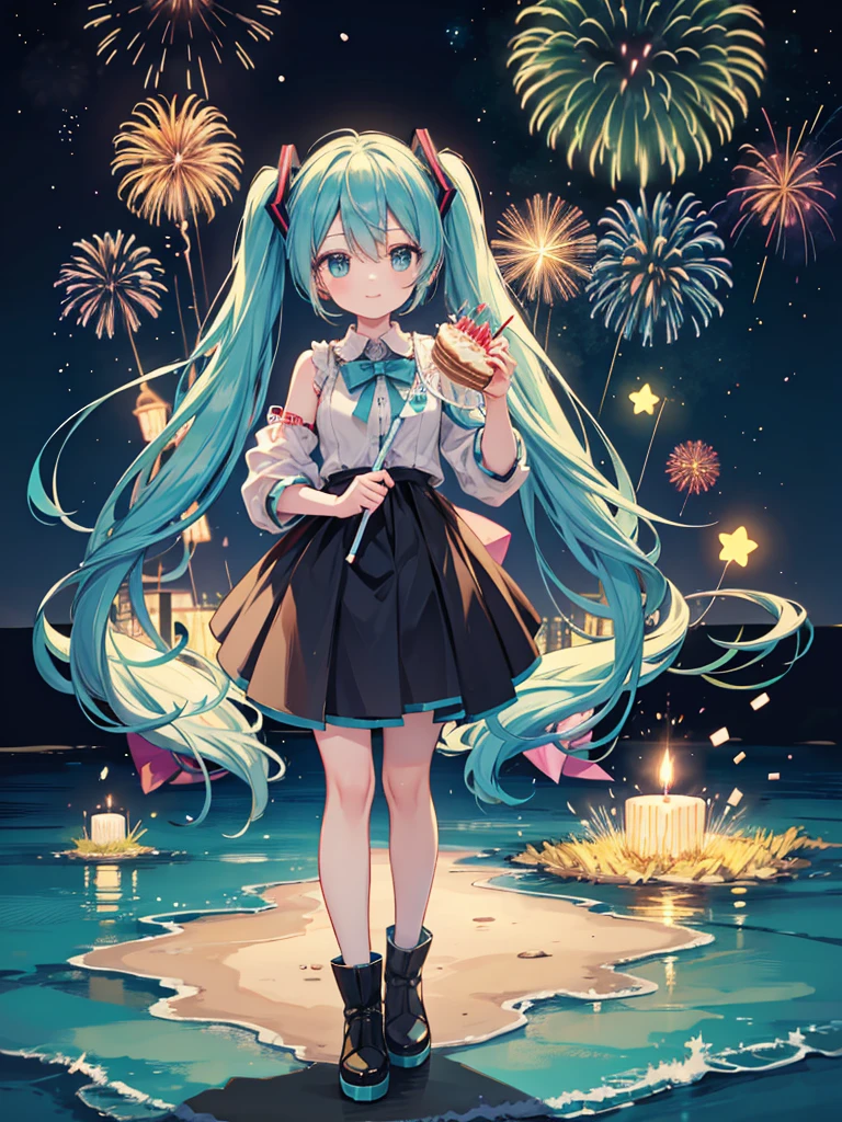 Hatsune Miku holding a birthday cake with a candle with the number 7 on it. Fireworks in the background.