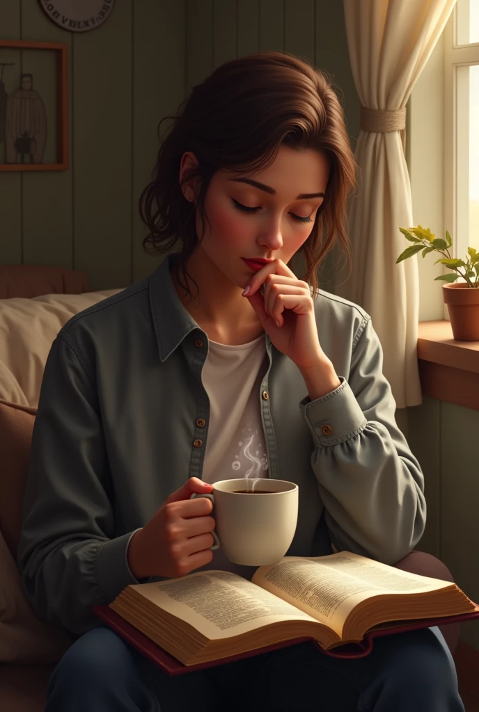 A person drinking coffee reading a bible
