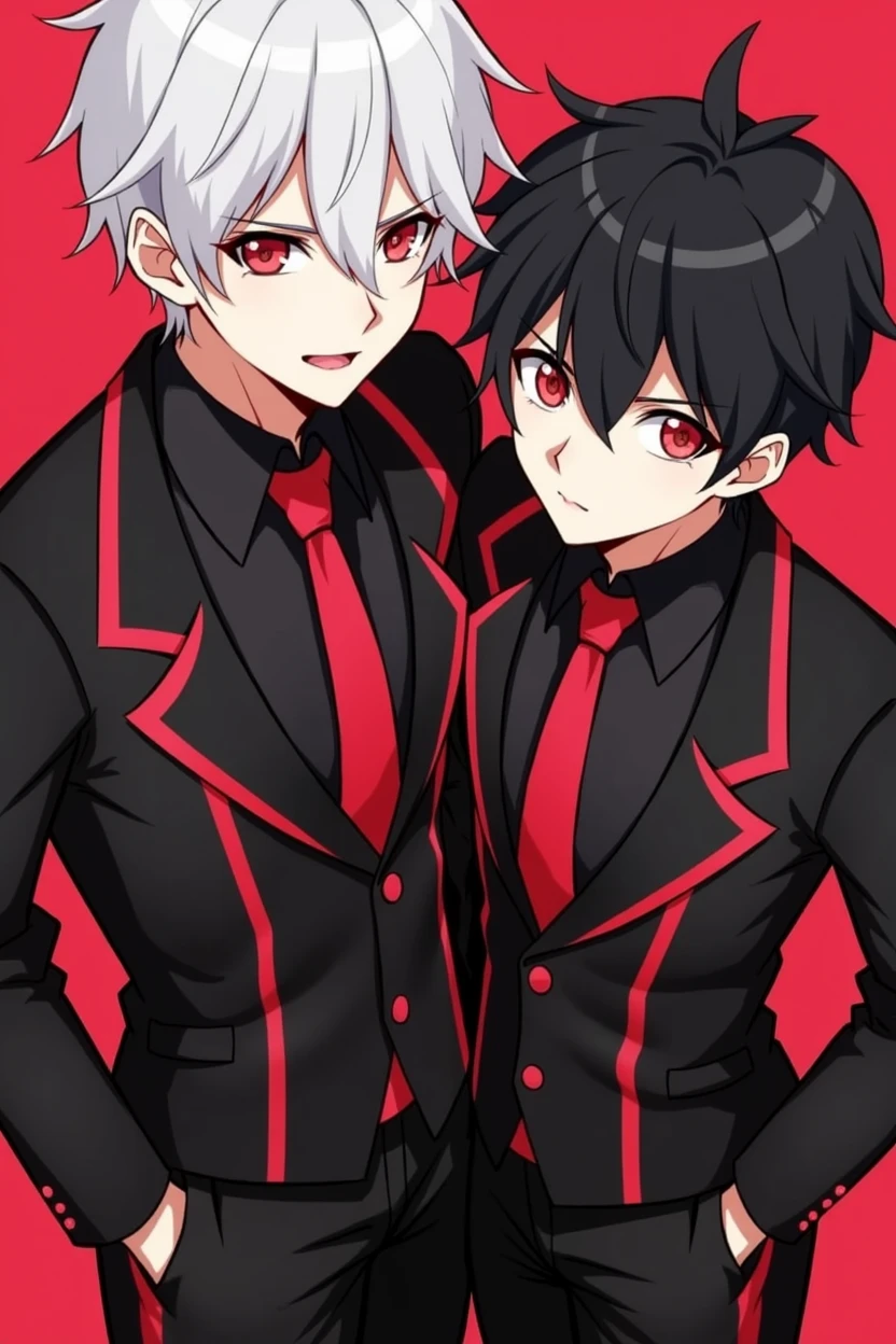 Two anime guys that’s hot looking, one has white hair, red eyes, in a black-red suit, the another has black hair, red eyes, black-red suit.