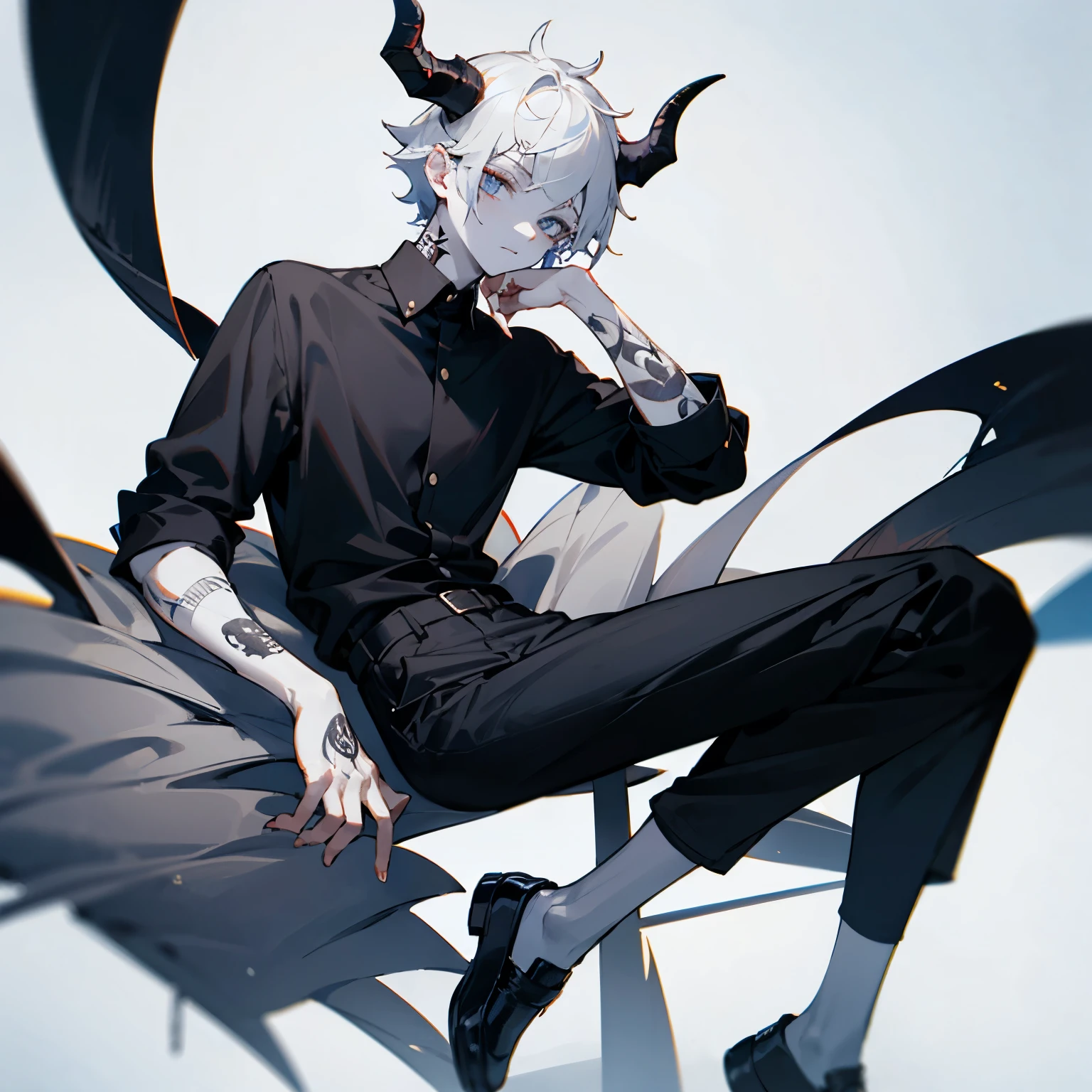 19 year old boy with white skin, tattoos on his hands, black shirt, black shoes and black pants with a bit of white and horns on his head