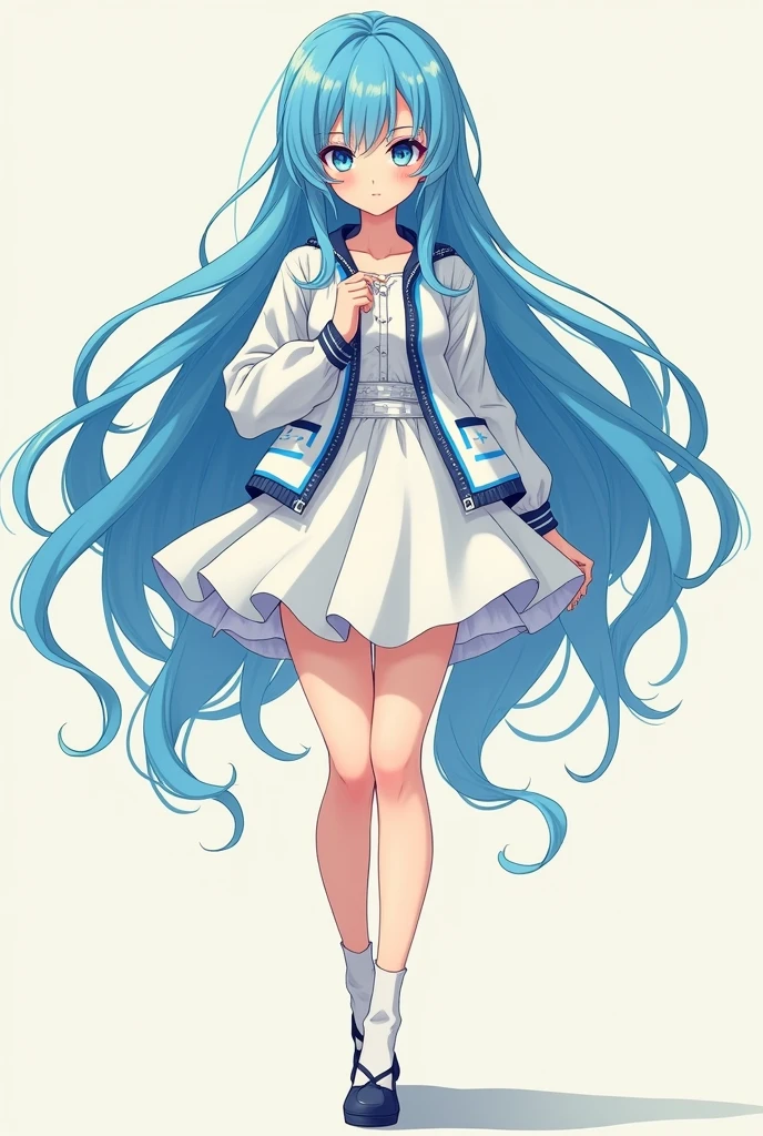 make me an anime girl, do her with long blue hair, with a white and blue striped jacket, white skirt, with huge tits and giant ass, and of small stature