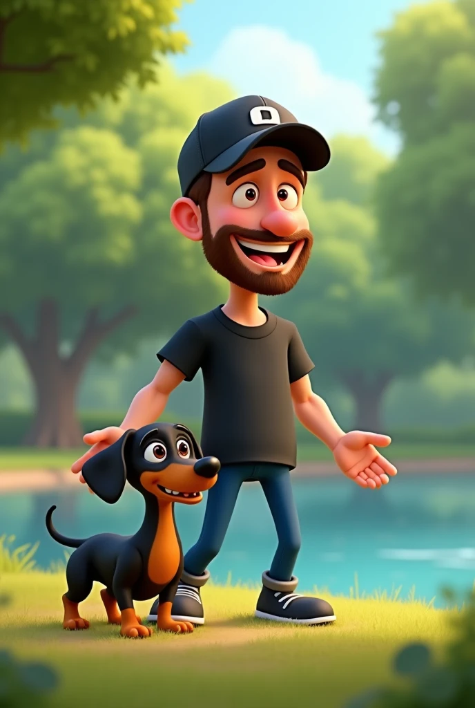 Cartoon character of a 40 year old man, data engineer, in a black cap and a black shirt and blue pants , an animated character, with a black and yellow Dachshund dog,
stylized character, character posing, Pixar-style, In the background there is a park with trees and a lake in the background. the two characters would be playing and happy.