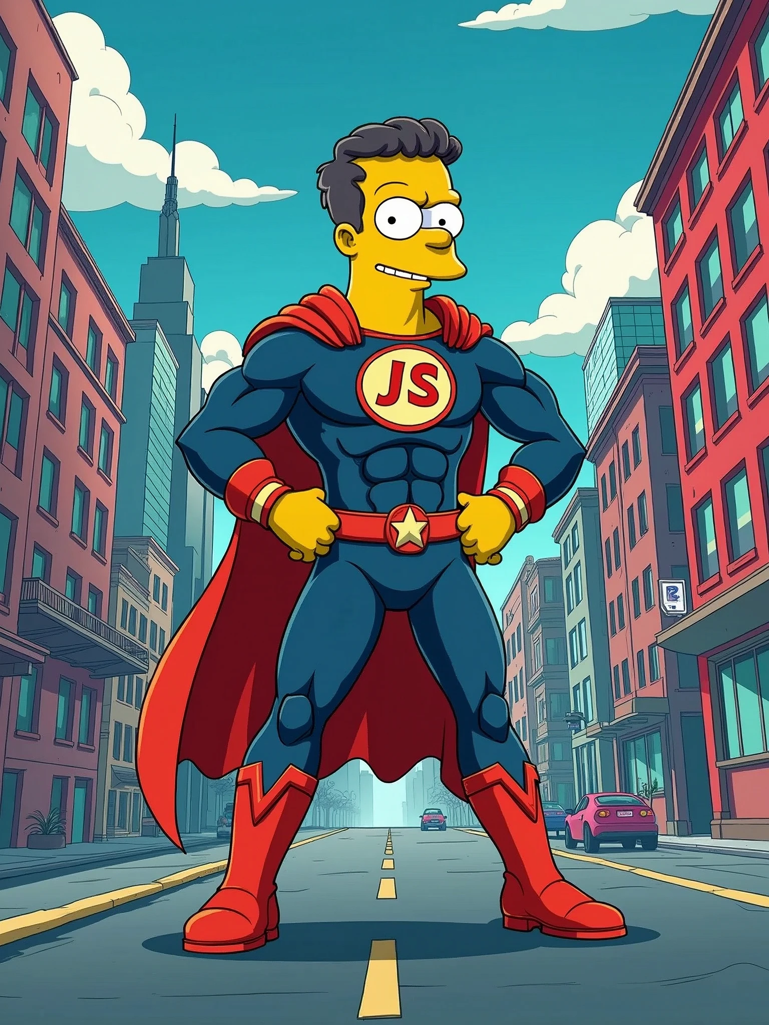 a javascript developer as super hero with letters "JS" on chest and yellow and blue colors in simpsons style