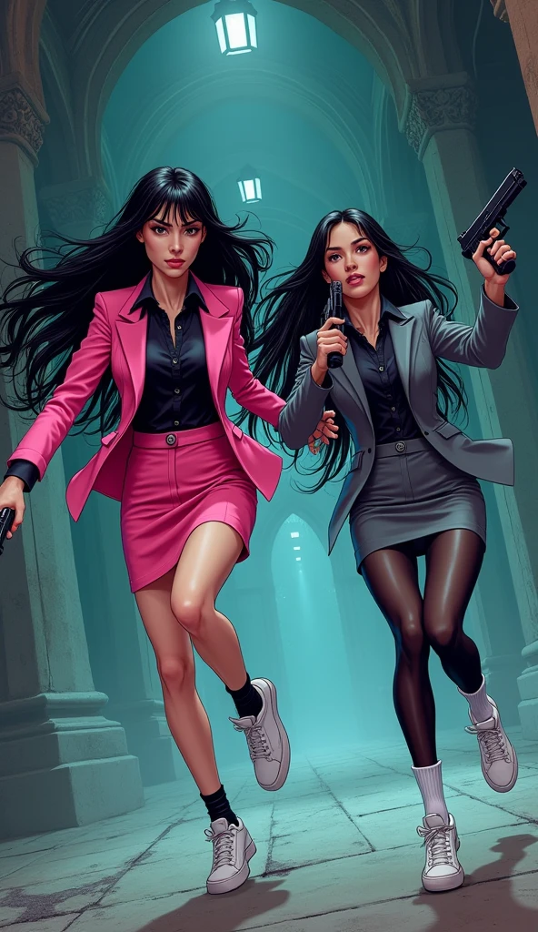 Two womens long black hairs, yuri,
(The first women wear a pink suit, black shirt, pink pencil skirt, black underpants, black tights, white socks, white sneakers)
(The second women wore a grey suit, black shirt, grey pencil skirt, black underpants, black tights, white socks, white sneakers)
holding a handguns, running and escape inside the vampire castle, cartoon novel, 4K, HD