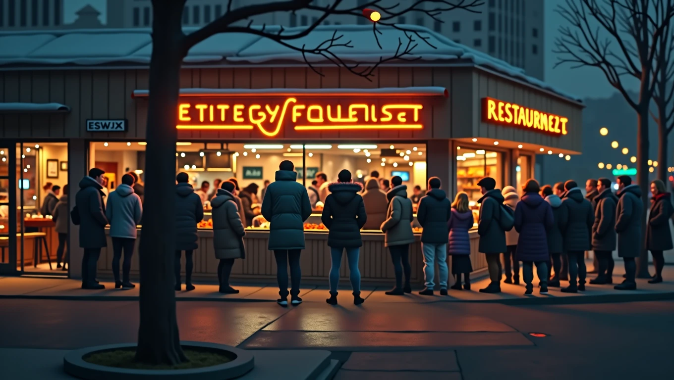 real professional night shot of a modern restaurant façade, illuminated by orange neon lights, seen from a street. The restaurant is packed with customers, who line up in front of the glass windows, suggesting a vibrant and welcoming atmosphere. People are dressed in winter coats, suggesting a cold evening. The outside environment is slightly illuminated by street lights and spotlights, with contrasting shades of blue and orange. Trees with few leaves, indicating a fall or winter season, are in the foreground, creating a natural frame for the scene. The interior of the restaurant is visible through the windows, showing a well-lit and welcoming space. The warm lighting inside contrasts with the cold outside, creating an attractive visual effect. The depth of field is moderate, keeping both the details of the exterior and interior of the restaurant in focus. The image's color palette is dominated by warm shades of orange and cool blues, with small details in white and yellow to balance the composition. The photograph should capture extreme detail, with a high-quality rendering in 8k, with professional photographic quality and attention to detail that conveys the realism of the exterior of a busy restaurant, soft and diffused lighting.