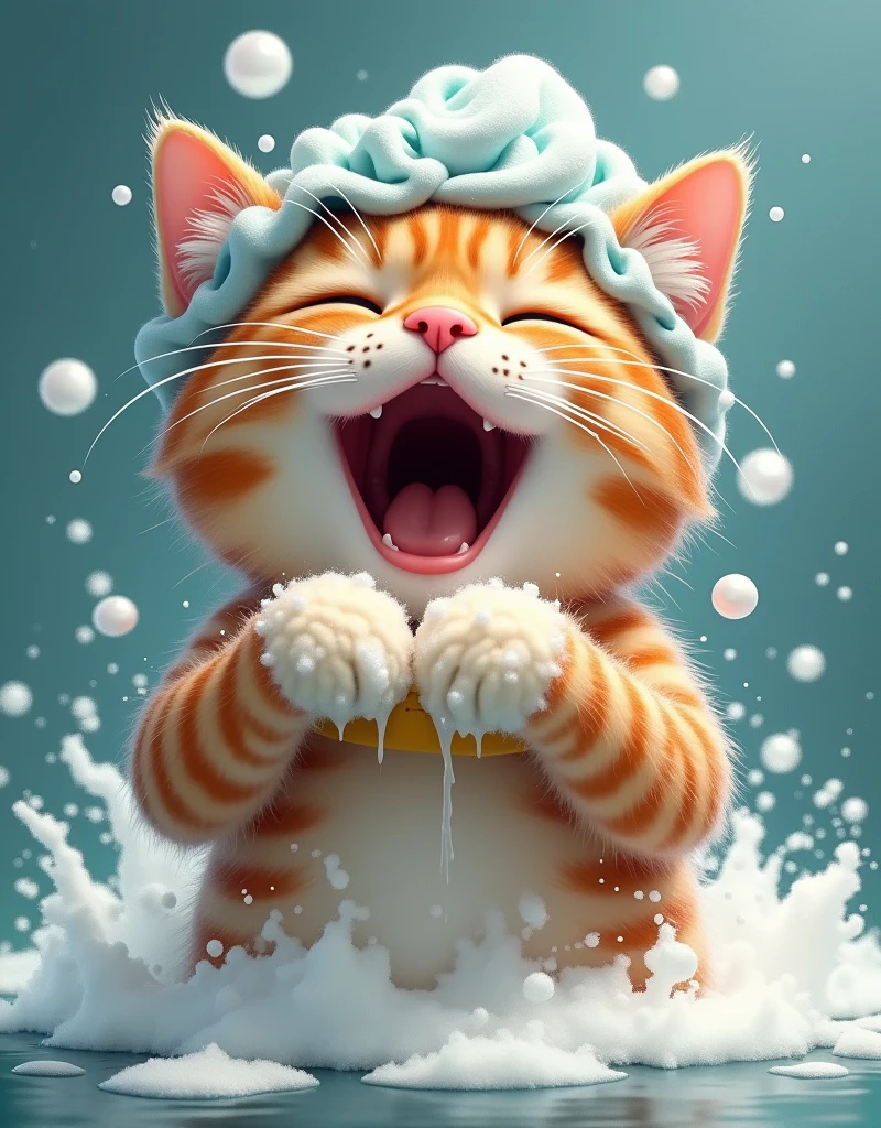 A caricature of a singing happy cat with a shower cap soaps itself with a sponge. it is full foam with flying soap bubbles. dynamic move. f1/8. Hyperrealistic, splash art, hyperdetailed, fantasy, perfect photorealistic