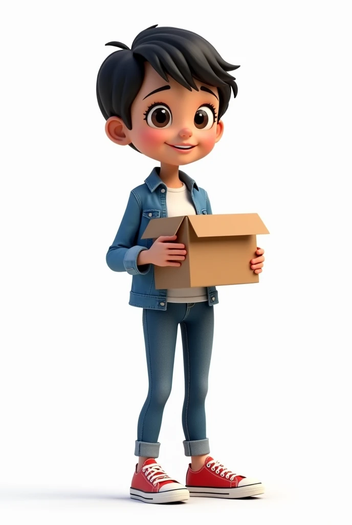 Cartoon 3D, A young woman, with very short hair, smooth and black, olhos grandes e pretos, with a white t-shirt and denim jacket and jeans and wearing all star shoes,  the setting is a white background and she is looking forward with an open box in her hands showing it to the audience
