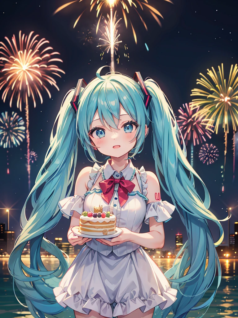Hatsune Miku holding a birthday cake. Fireworks in the background.
