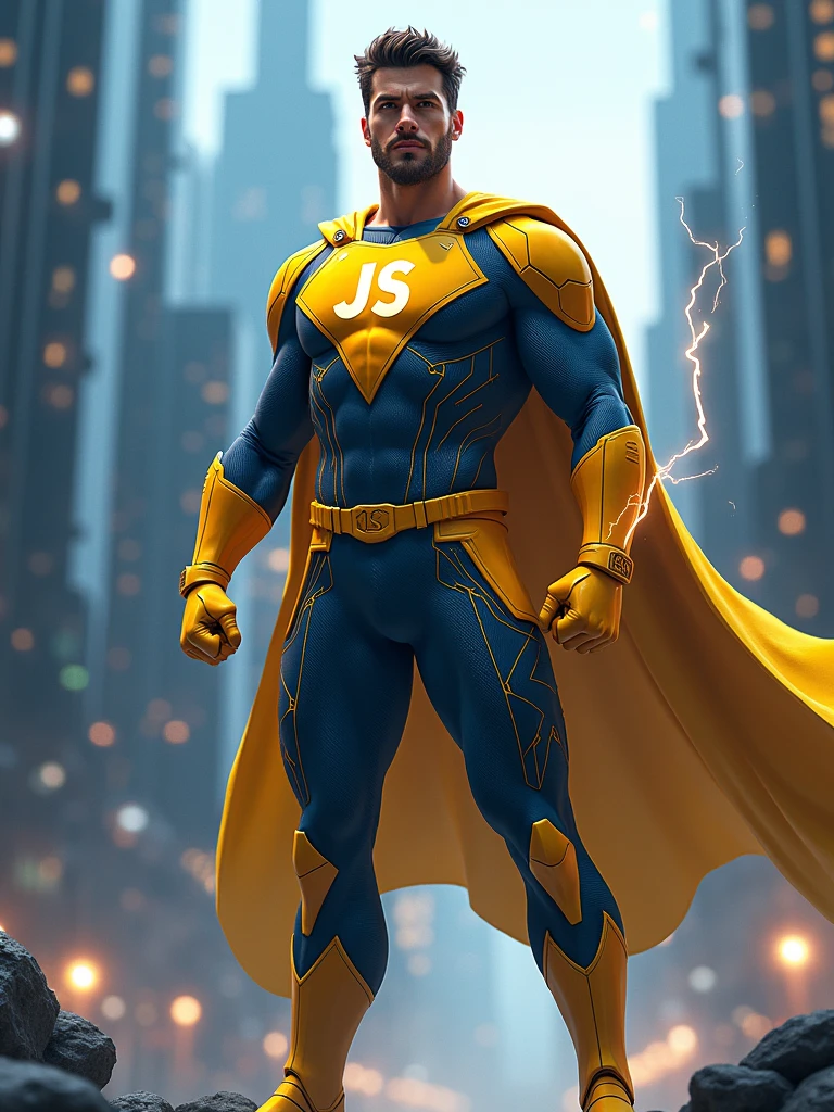 a javascript developer as super hero with letters "JS" on chest and yellow and blue colors in marvel style