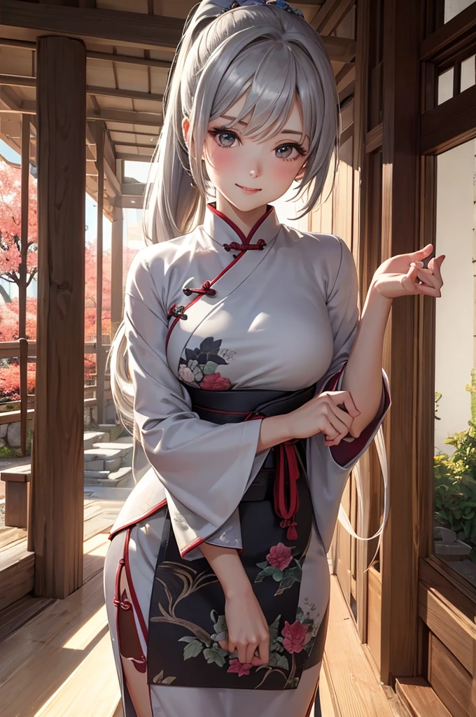 Best Quality,High resolution,8k,finelity detailed background,Masterpiece:1.2),beautiful girl,Glossy romance gray hair,pony tail,Gray eyes,Gentle look,A refreshing look,smile,Best quality,Best Quality,Aesthetic and aesthetic:1.2,Best details((Super detailed))(High-definition CG illustrations),China dress,Slender body,Japanese garden,smile,blush,cute,Scrounge,Looking up,Being spoiled,super model