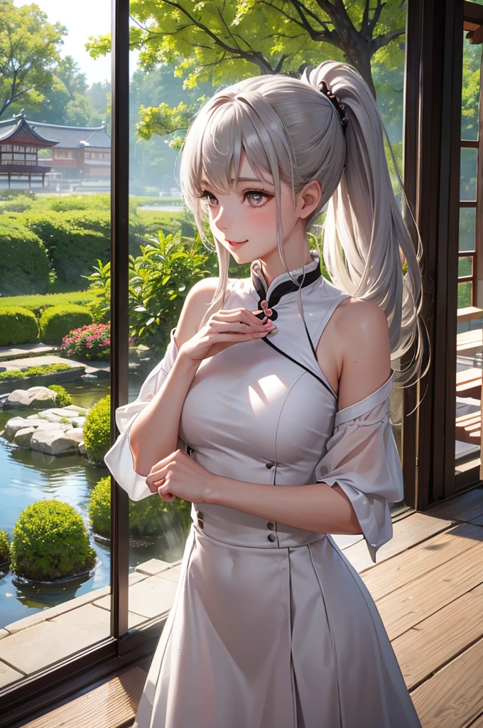 Best Quality,High resolution,8k,finelity detailed background,Masterpiece:1.2),beautiful girl,Glossy romance gray hair,pony tail,Gray eyes,Gentle look,A refreshing look,smile,Best quality,Best Quality,Aesthetic and aesthetic:1.2,Best details((Super detailed))(High-definition CG illustrations),China dress,Slender body,Japanese garden,smile,blush,cute,Scrounge,Looking up,Being spoiled,super model