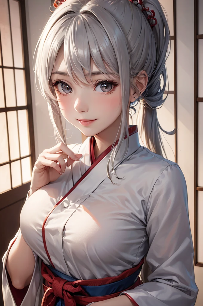 Best Quality,High resolution,8k,finelity detailed background,Masterpiece:1.2),beautiful girl,Glossy romance gray hair,pony tail,Gray eyes,Gentle look,A refreshing look,smile,Best quality,Best Quality,Aesthetic and aesthetic:1.2,Best details((Super detailed))(High-definition CG illustrations),China dress,Slender body,Japanese garden,smile,blush,cute,Scrounge,Looking up,Being spoiled,super model