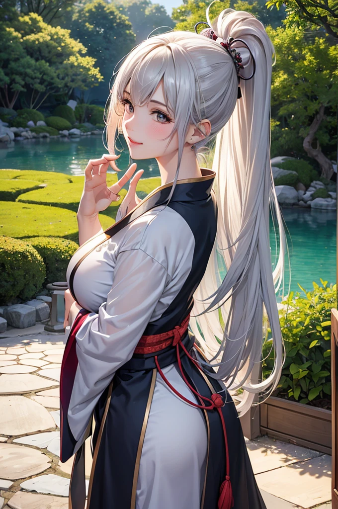Best Quality,High resolution,8k,finelity detailed background,Masterpiece:1.2),beautiful girl,Glossy romance gray hair,pony tail,Gray eyes,Gentle look,A refreshing look,smile,Best quality,Best Quality,Aesthetic and aesthetic:1.2,Best details((Super detailed))(High-definition CG illustrations),China dress,Slender body,Japanese garden,smile,blush,cute,Scrounge,Looking up,Being spoiled,super model