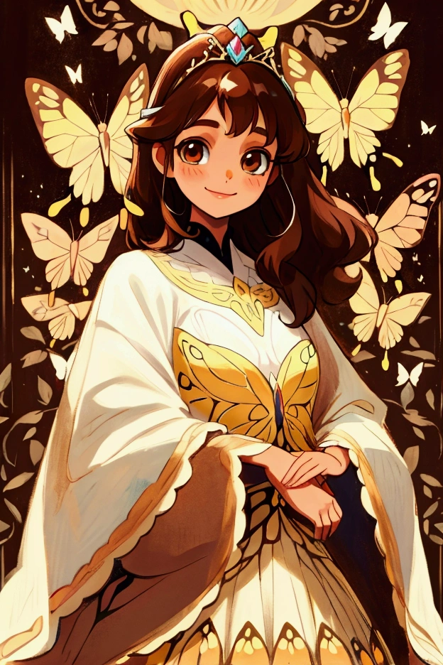Butterfly princess, beautiful, brown eyes, long brown hair, white skin tone, smiling 