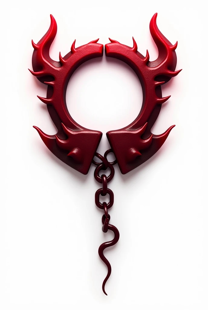 (logo design) sexy evil logo, a sexual striking red handcuff, adorned with demon horns and a sinuous chain tail extending from the base, dynamic and bold, emphasizing a dark theme, glossy finish, high-resolution, creating an impression of sexuality and power. White background.