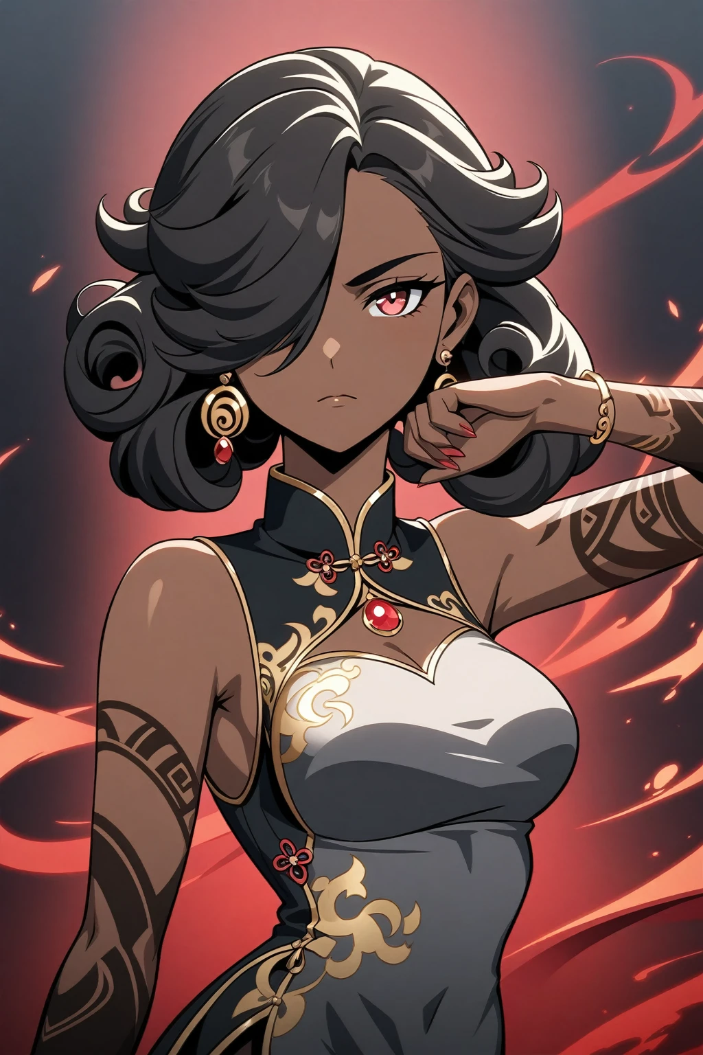 Genshin Impact art style, (dark-skinned older woman: 1.4), portrait, (curvaceous motherly body: 1.3), medium breasts, (short curly puffy hairstyle: 1.2), (hair covering one eye: 1.2), (black hair: 1.1), glowing dark red eyes, large scar across face, (ruby and gold jewelry and earrings: 1.2), black tribal tattoo sleeve on arms, calm and serious expression, (dark gray and gold sleeveless qipao: 1.3), cleavage cutout, dynamic dominant pose, red aura, dark gradient background, 1girl, solo