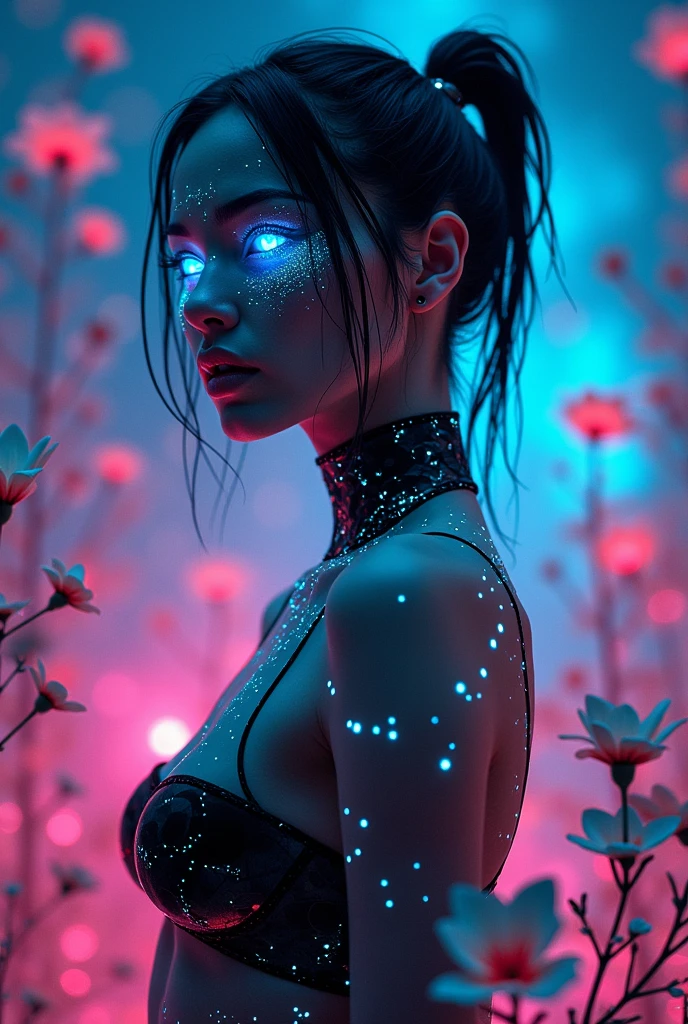 A futuristic, otherworldly woman with luminous, neon black features. Her eyes and hair emit a radiant, dark glow, blending seamlessly with the surrounding environment. The scene is set in an enchanted digital forest, where holographic plants and flowers pulse with a soft, ethereal black light. Her skin is slightly reflective, with shimmering patterns that mimic the constellations. She stands gracefully among the glowing flora, her expression calm and inquisitive, embodying the mystique of a cybernetic fairy in a surreal, neon-lit landscape."