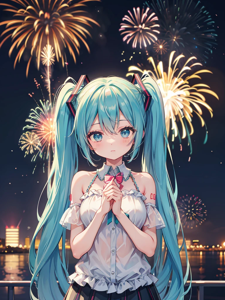Hatsune Miku holding a birthday cake. Fireworks in the background.