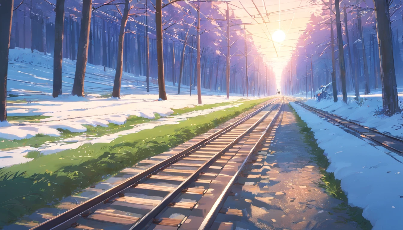 Tram tracks in the countryside, winter, forest visible in the distance, high detail, high resolution, high quality