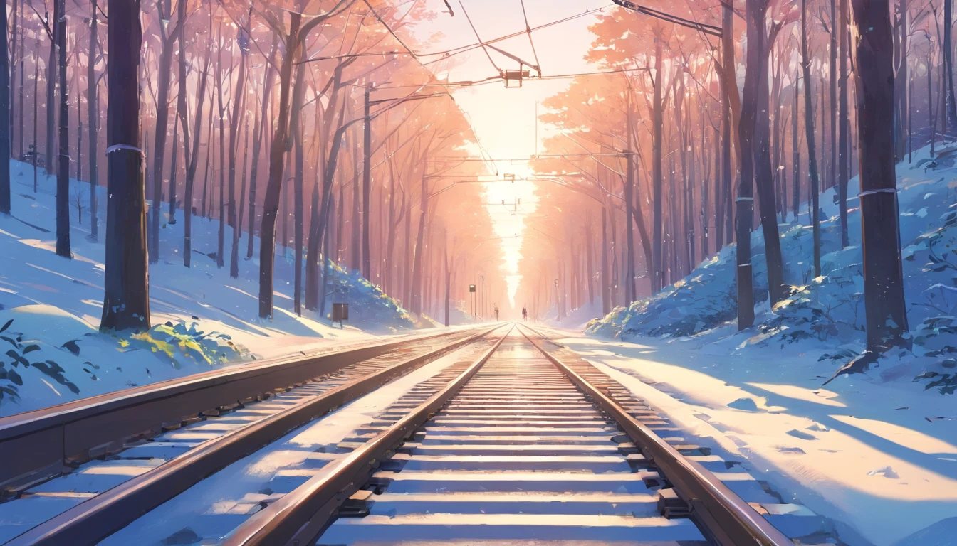 Tram tracks in the countryside, winter, forest visible in the distance, high detail, high resolution, high quality