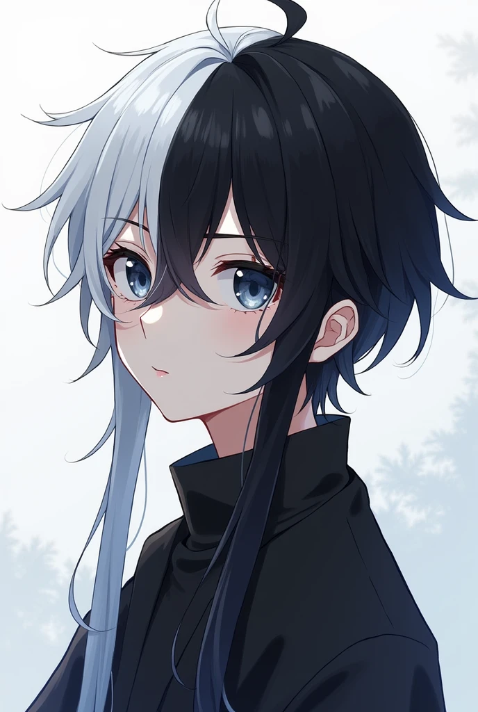 An anime boy with long half white and half black hair