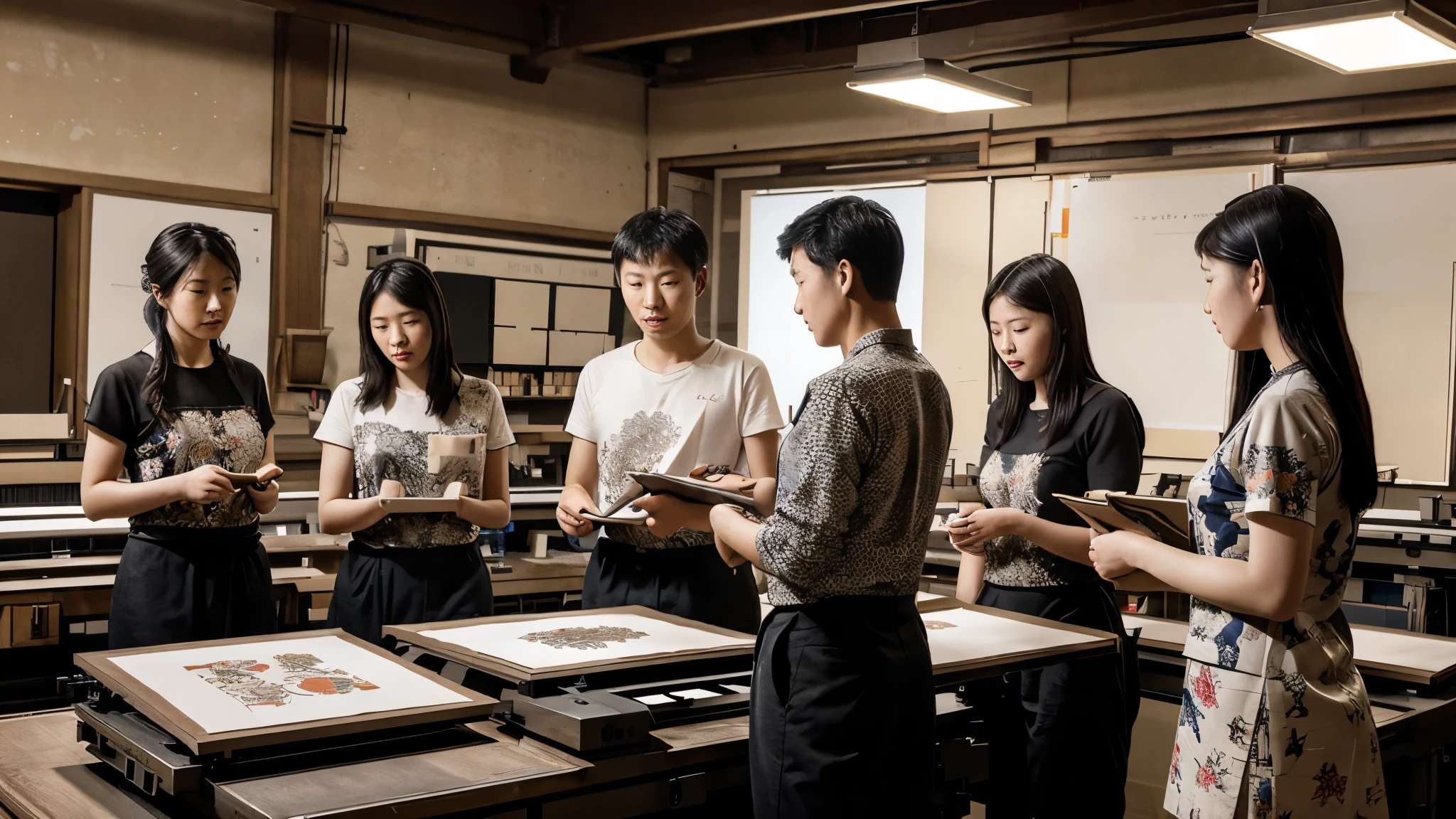 (((Printing workshop))) European, inspired by Chinese techniques, featuring [movable type printers in action]. The scene should include intellectuals discussing new books, symbolizing the impact of the democratization of knowledge during the Renaissance.