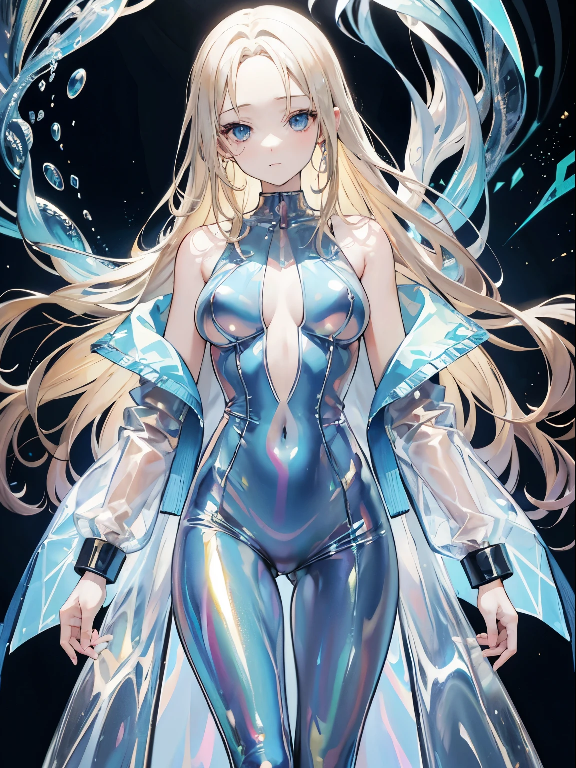 mature woman, light blue eyes, blonde hair, forehead, long hair, plastic, transparent clothes, ((holographic)), ((Gas))