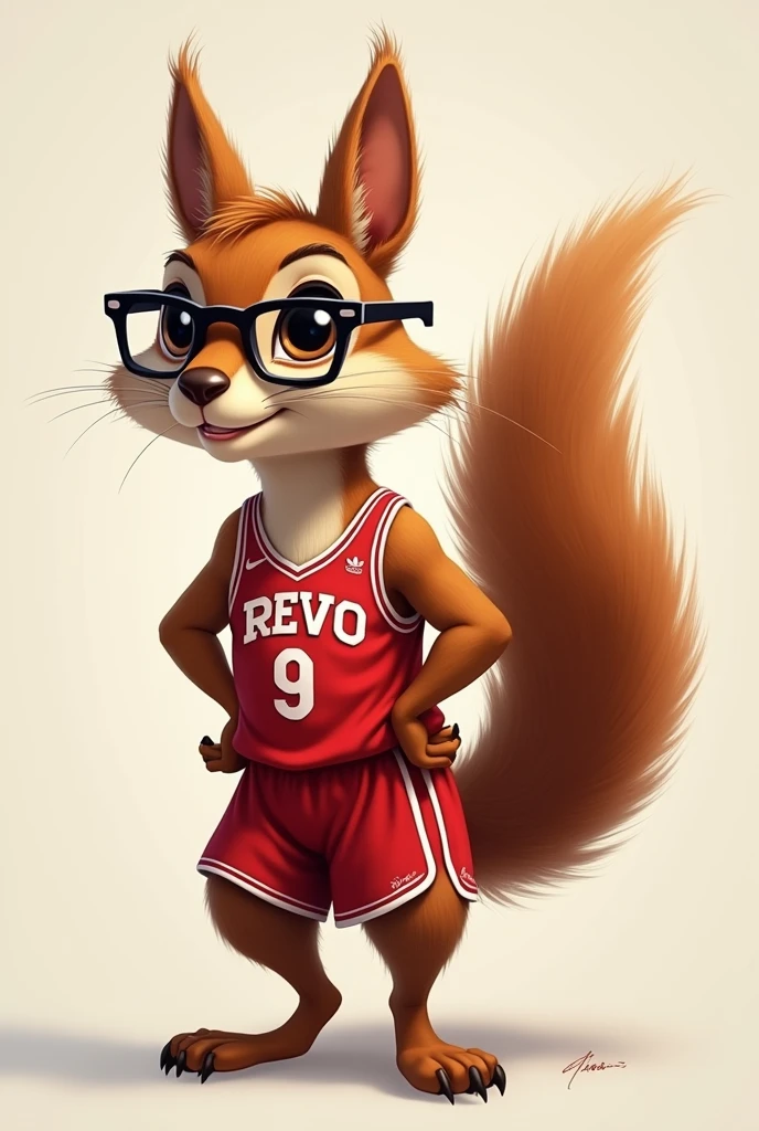 squirrel with long hair wearing glasses basketball jersey red number 9 REVO team
