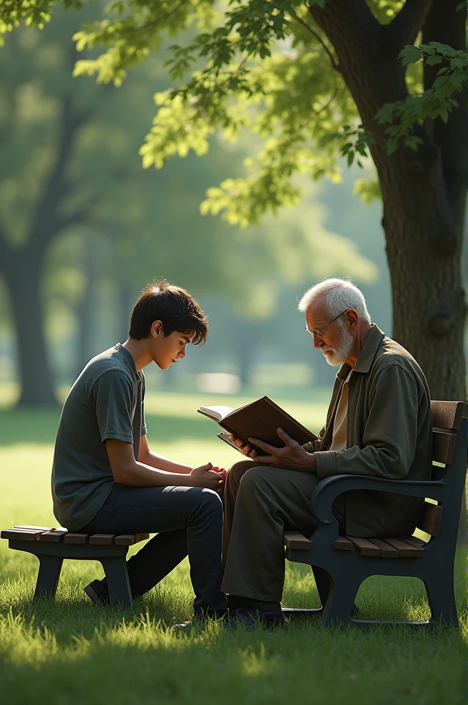 Young man sits next to an old man who is reading a book in the park sitting on a bench