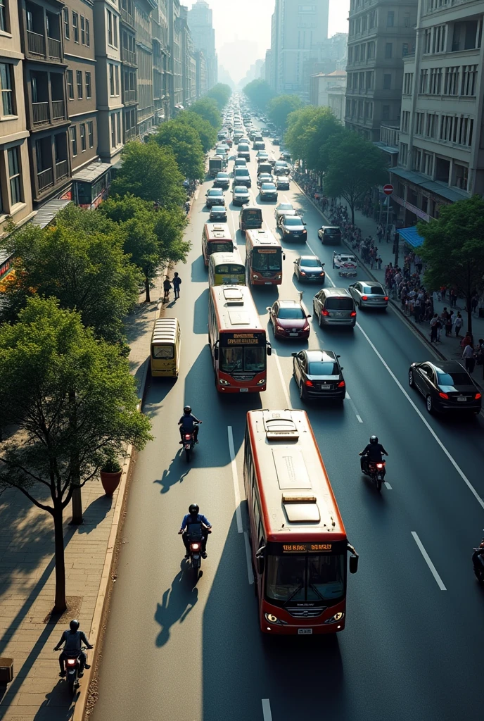 City seen from above with narrow sidewalks, without vegetation, poorly lit. Large roads with cars, buses and motorcycles in traffic jam. Bus stop without cover and full of people.