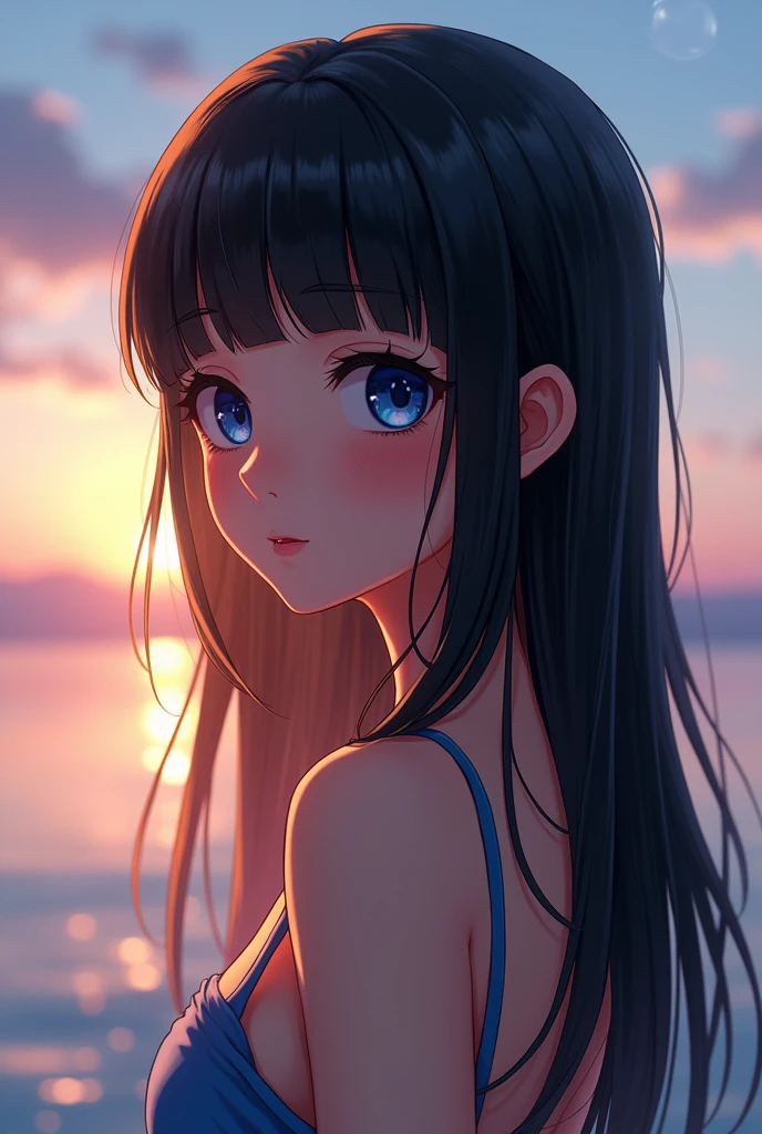 ((Top Quality)), ((Excellent)), (Details),,((japanese)),, Black Hair,(Childish face),((Straight Hair)), shiny hair, a Girl ,Medium Breasts, ((Blue Eyes)),masterpiece, shy-smile, ultra realistic, 32k, ((Naked)), (topless),extremely detailed CG unity 8k wallpaper,((from_behind)), ((extreme_close_up)) ,((shoot from above)) Sunset, best quality, Silhouette-Lighting, solo, Straight Hair, blunt bangs, , ((beach)), ((topless)) , outdoors, ((beach)), 1girl, , cate , stunning environment ,vibrant colors , ((topless)) , ((beach)),The scenery is reflected on the beach,Lots of bubbles, ((Naked)), (topless)
