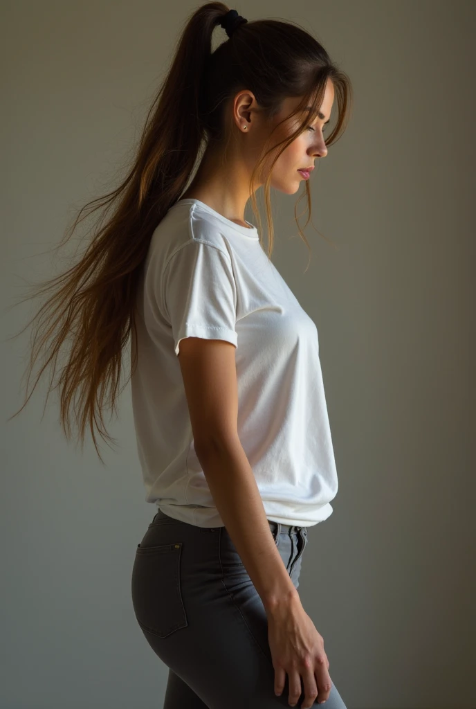 long hair ponytail woman wearing t-shirt and pant dancing full length show face