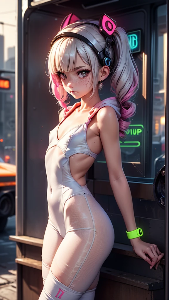 1girl, innocent, alone, ((waiting a bus:1.5)), (view_from_front:1.5), (instagram yanakryukova), (seductive_facial_expression:1.4), sweety, cute, kawaii, perfect face, galactic_young_princess, ((little breasts, flat_chested, small chest:1.6)), ((little nipples, natural nipples)), top model figure, (skinny), (perfect little ass, round ass, long legs, slim legs), pale skin, soft skin, caucasian teenager, slender girl, natural make-up on eyes only, perfecteyes, black_eyes, (innocent_looking:1.4), oval jaw, freckles, natural_beauty, (white hair, bright pink hair, dreadlocked pigtails, long bangs, drill hair), ((she is wearing a white transparent lace bodysuit,  print white cotton leggings, white transparent lace hoodie, lace collarbone, cleavage cutout, cameltoe, and techwear high boots)), ((wearing an intricate detailed techwear white outfit)), ((cute neon head accesories:1.6)), punk_hair_ornaments, pastel_goth, punk, fantasy_princess, necklace, earring, cute 18 years old girl, skinny young girl, white theme, (bokeh, depth of field, blurry background, light particles, fog), ((detailed sci-fi cyberpunk bus stop background:1.6)), ((real life, realistic, profesional photography, photo_realistic, hyper_realism, ultra-detailed)), photography by Tim Walker, Tim Walker masterpiece, best_quality, 8K, soft tones, pastel tones, low saturation, (contrast:0.3), muted colors, cold light, neon, Ex_Machina_movie, studio light, (((hyper quality 32k)))