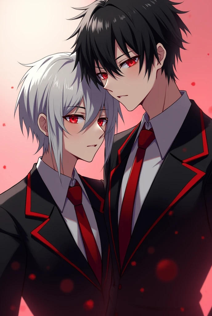 Two anime guys that’s hot looking, one has white hair, red eyes, in a black-red suit, the another has black hair, red eyes, black-red suit. That fits to be a profile pic.