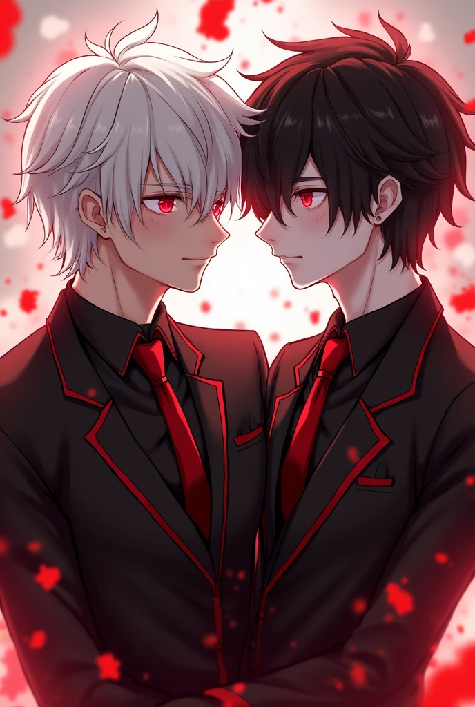 Two anime guys that’s hot looking, one has white hair, red eyes, in a black-red suit, the another has black hair, red eyes, black-red suit. That fits to be a profile pic.